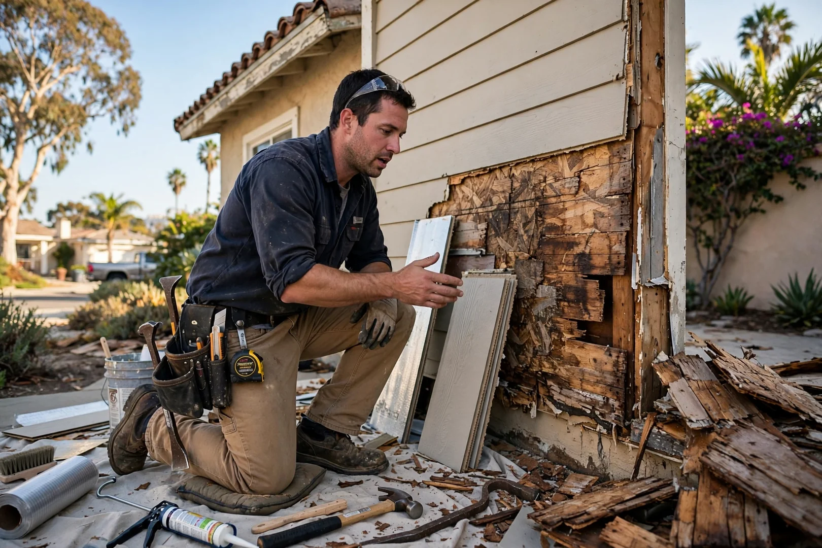 Installer setting fiber cement plank siding on a coastal Newport Beach home exterior