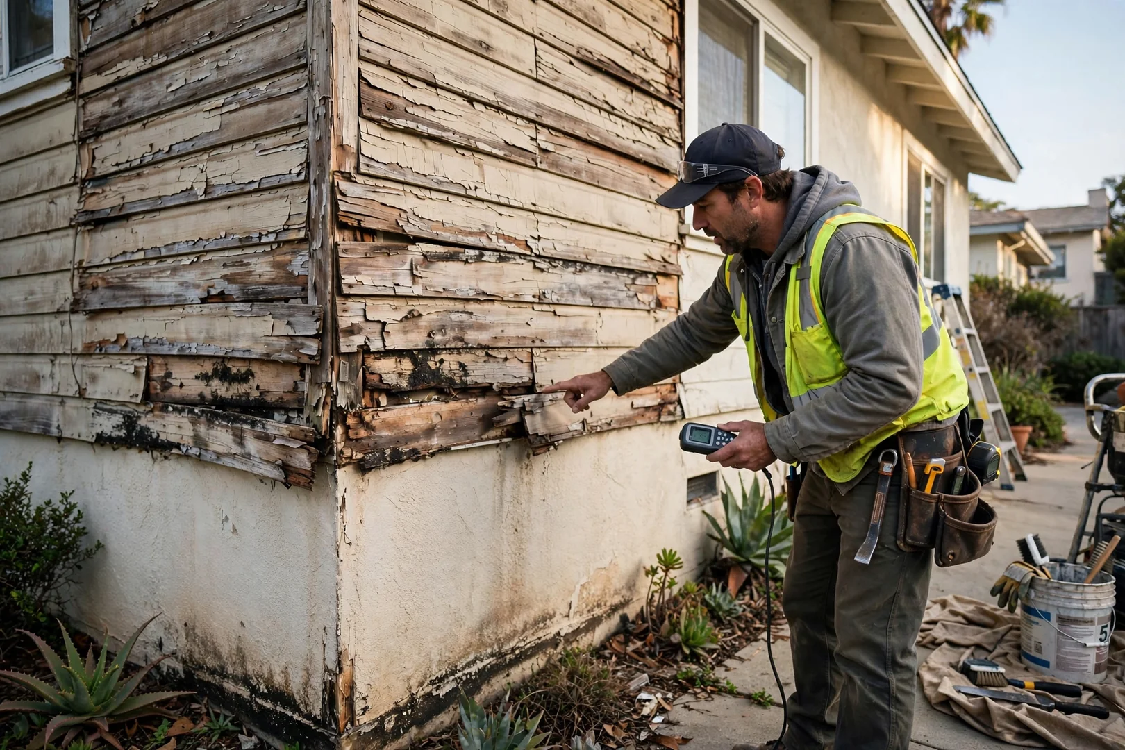 Deteriorated wood siding with peeling paint on an aging coastal home