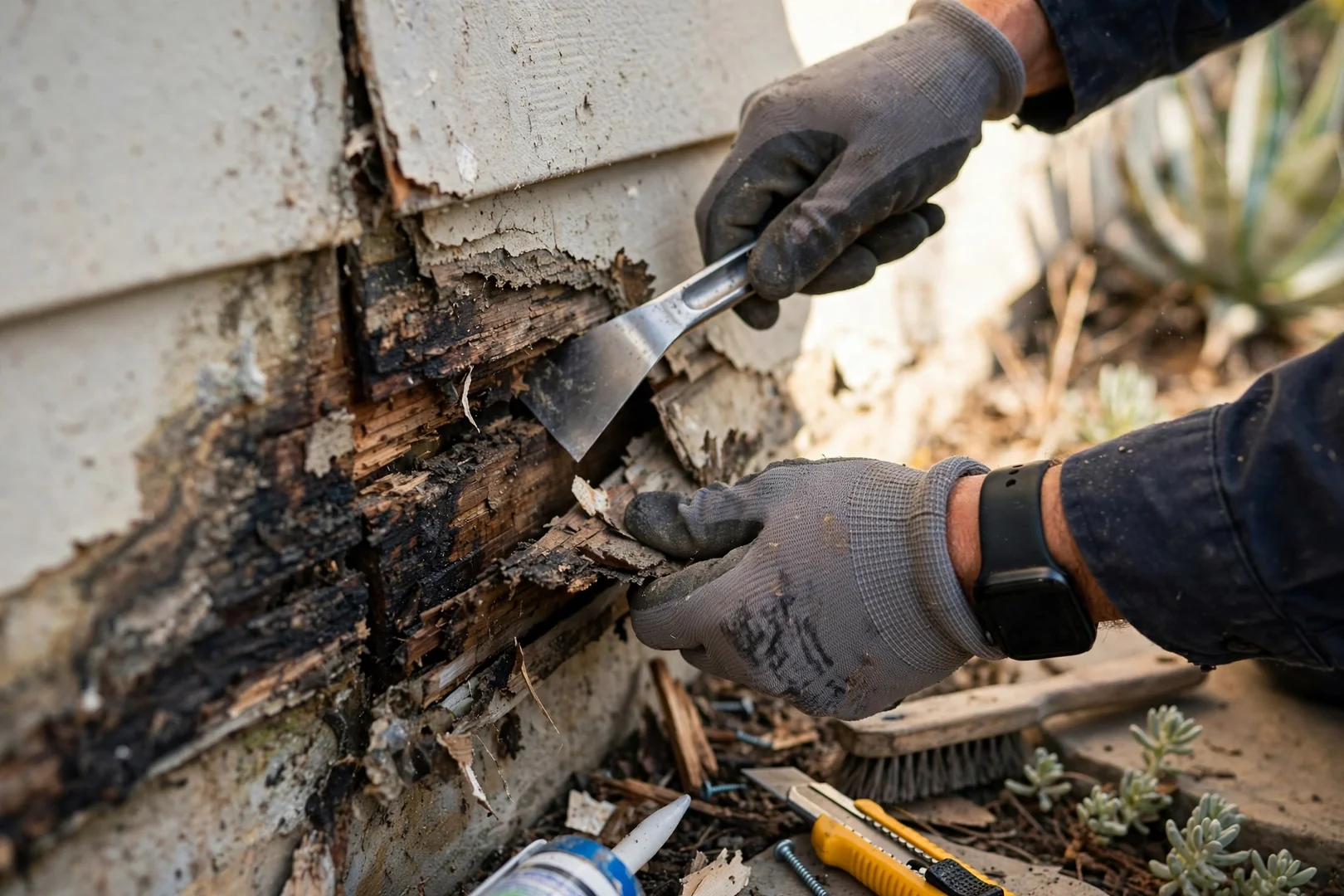 Technician checking wall moisture levels behind removed siding panels