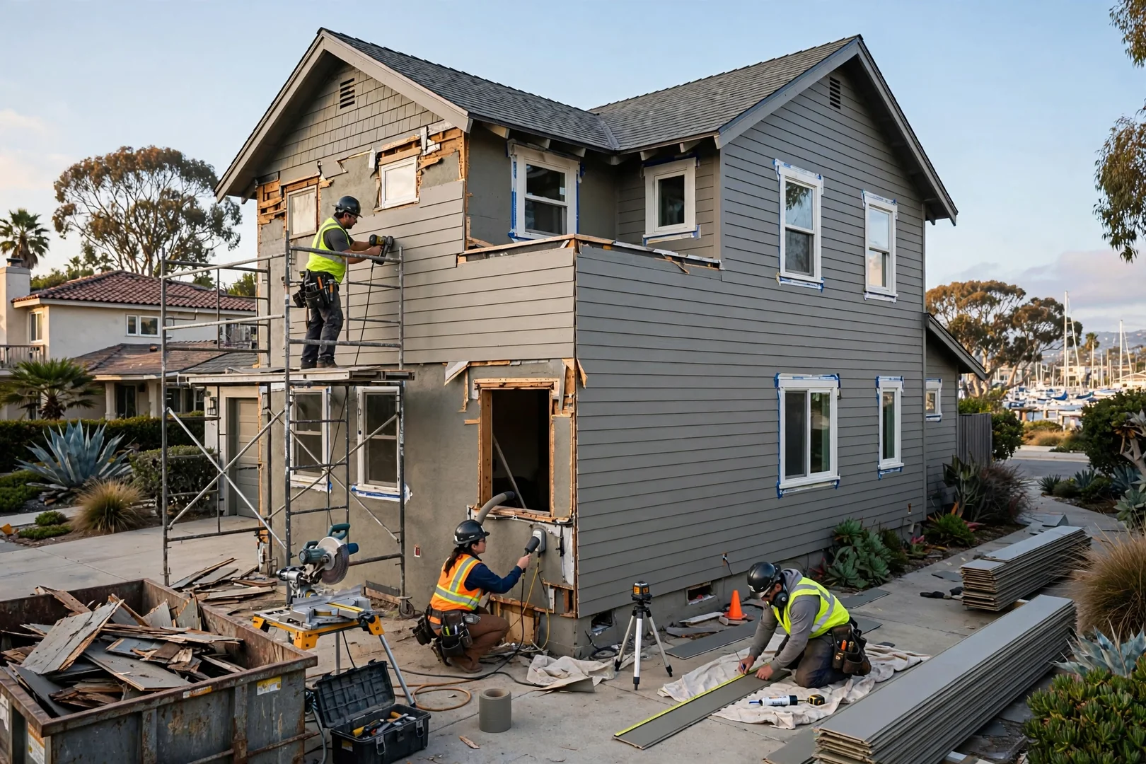 Wide shot of a two-story Newport Beach home re-clad in fiber cement siding