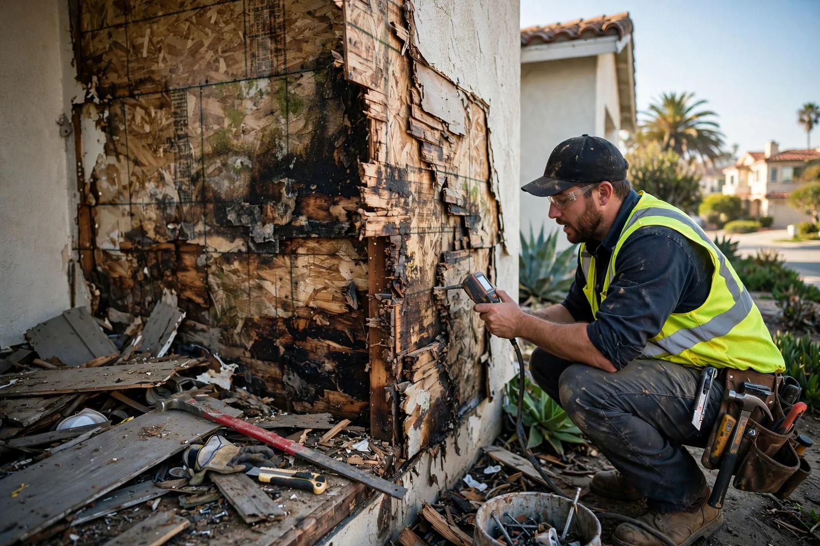 Damaged sheathing exposed after old cladding removal before substrate restoration begins