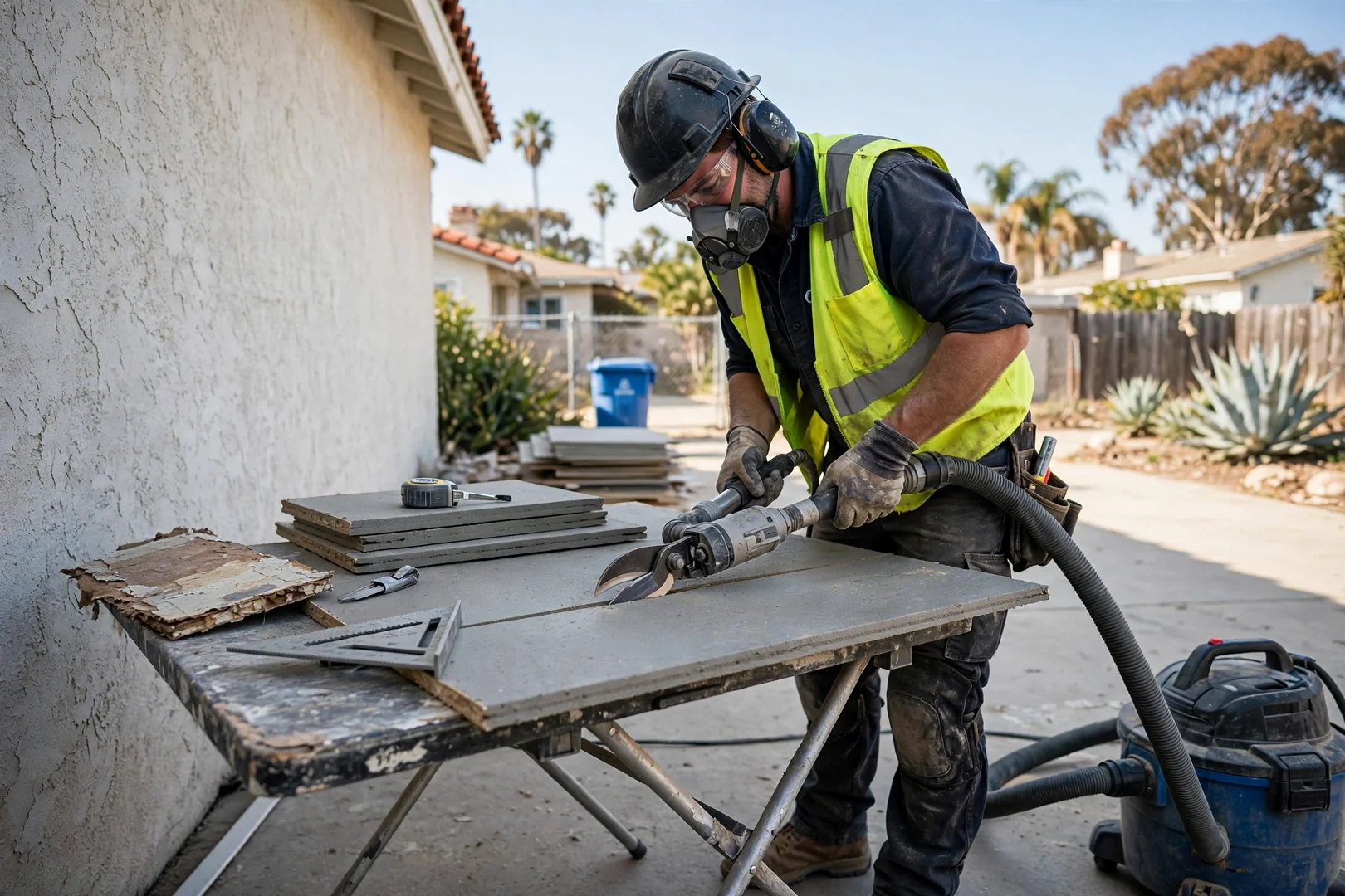 Installer cutting fiber cement board with dust-controlled shears on a job site table