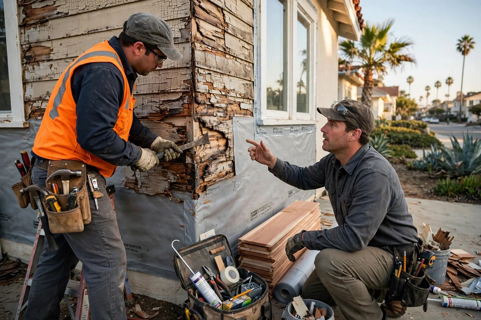 Crew staging siding materials and scaffolding beside a coastal Newport Beach residence before installation begins
