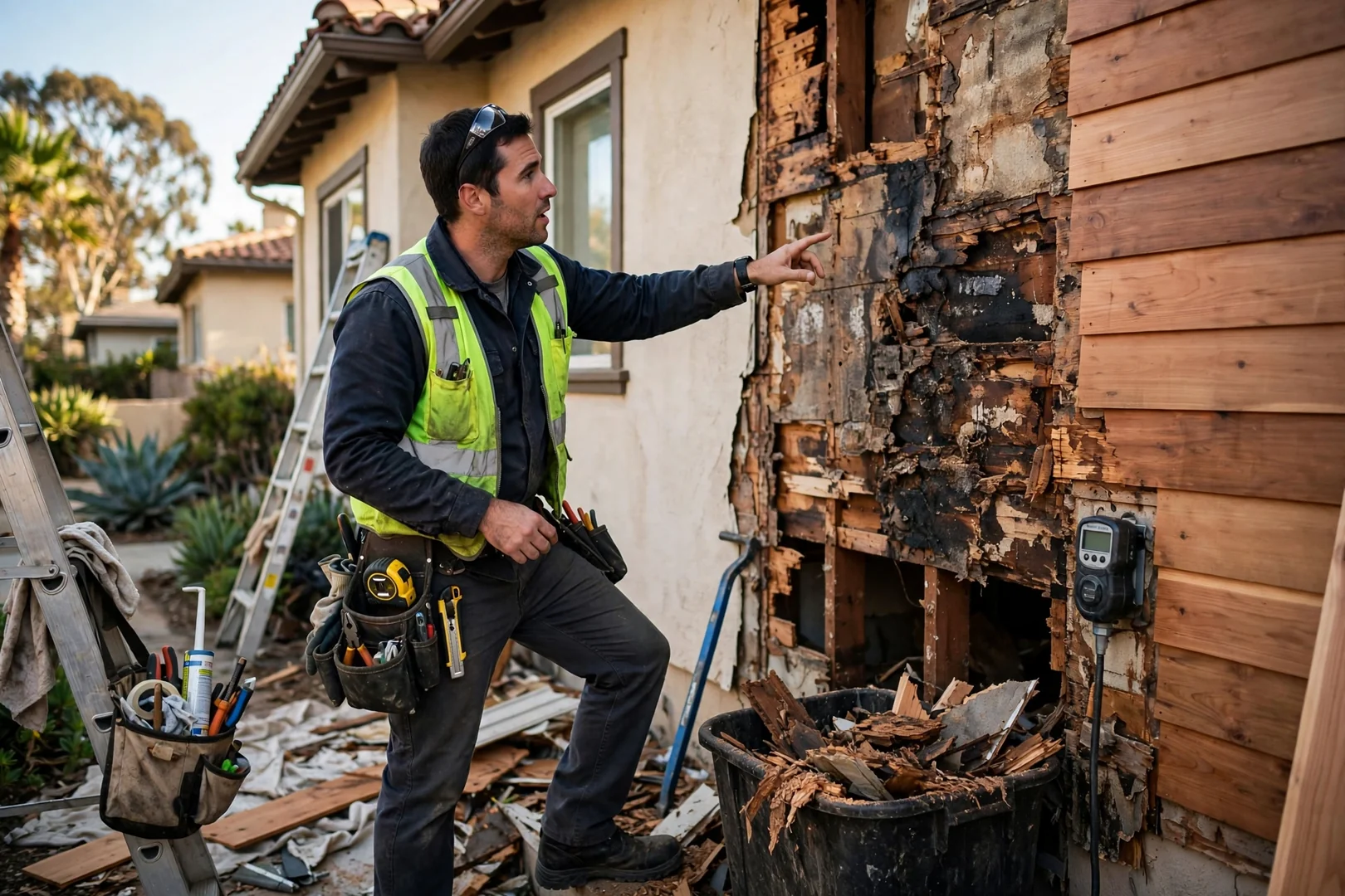 Contractor reviewing siding restoration plans on a Newport Beach home
