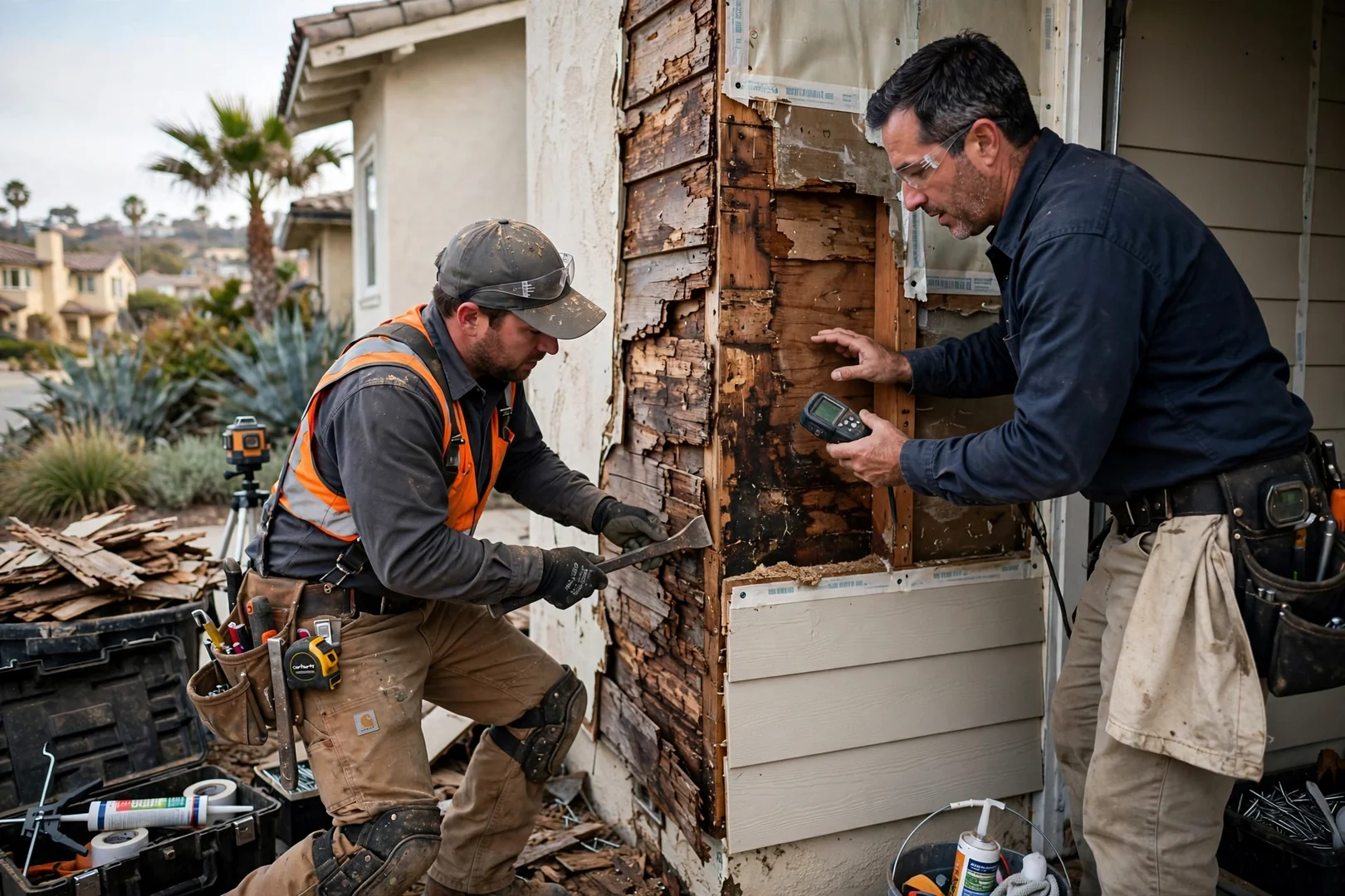 Siding contractor measuring fiber cement wall panels on a Newport Beach home