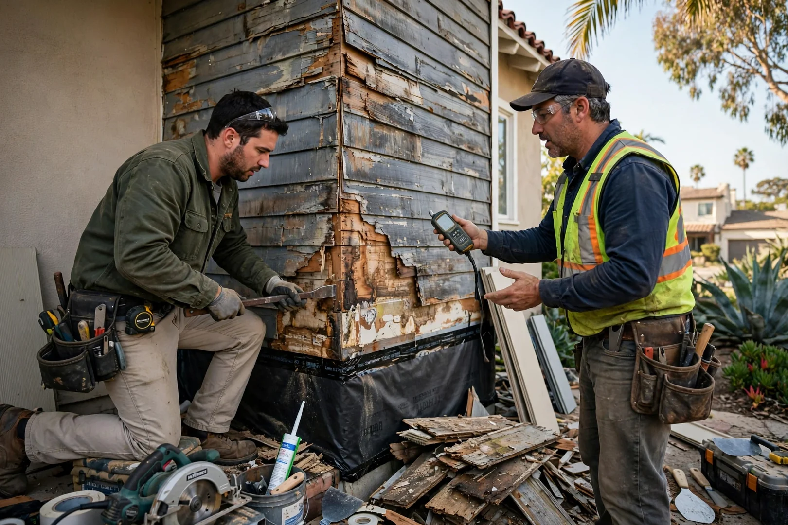 Siding crew inspecting a Newport Beach home exterior