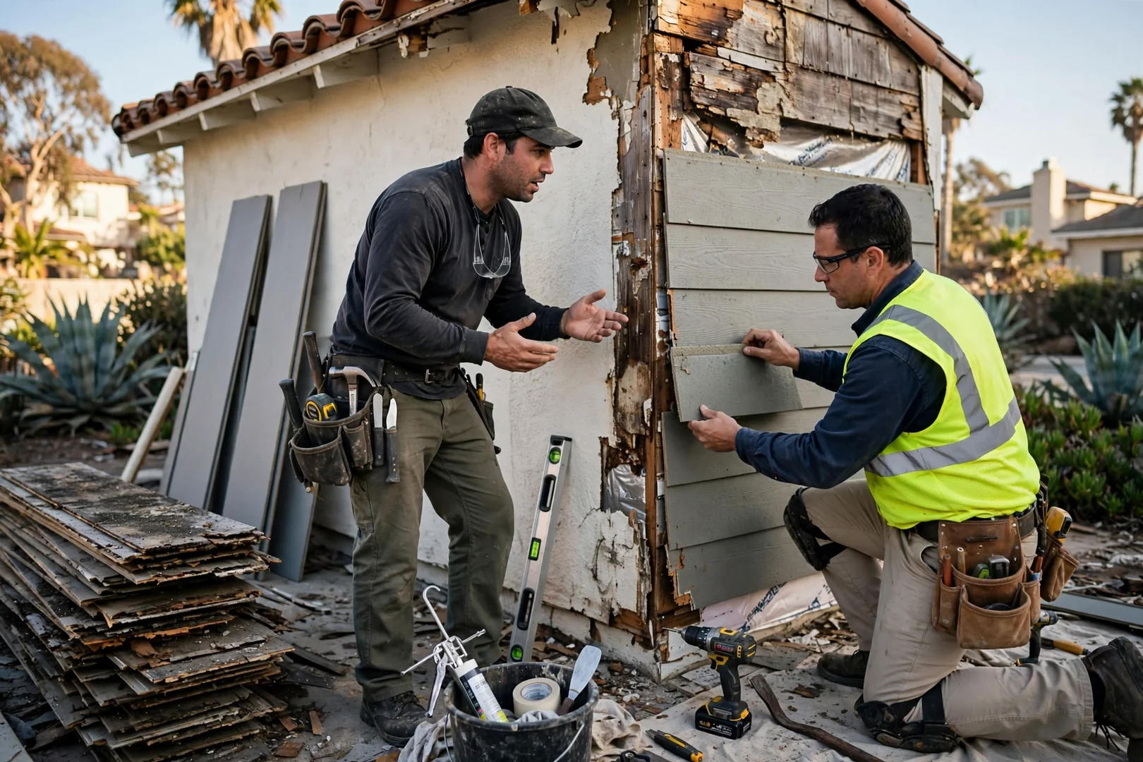 Siding crew scoring fiber cement with dust collection on a Newport Beach home