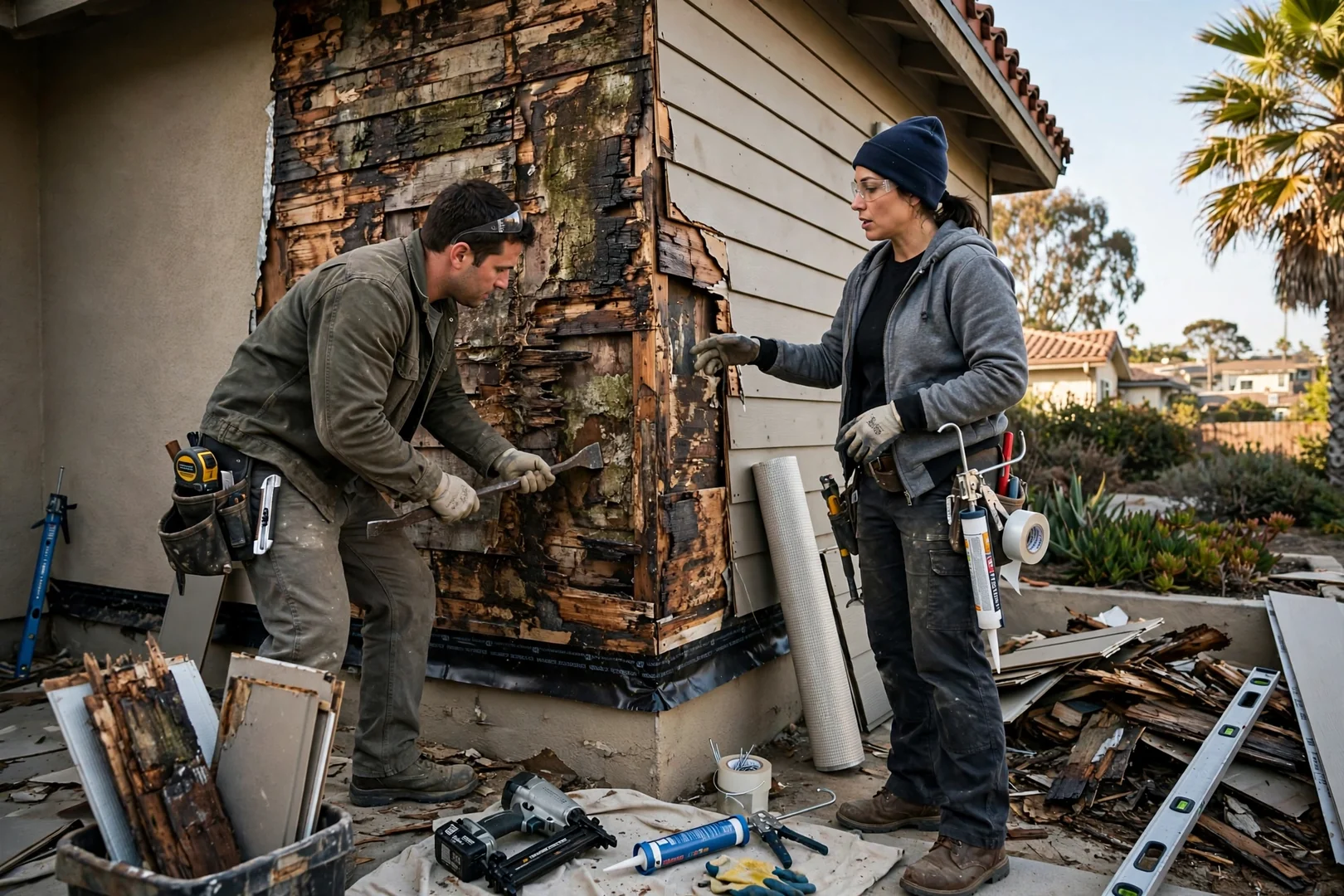 Siding crew installing fiber cement panels on a coastal Newport Beach home exterior
