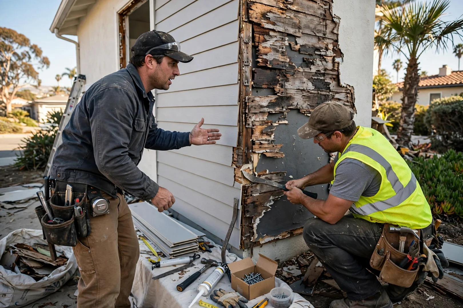 Contractor measuring wall elevation while preparing a siding replacement estimate for a coastal home