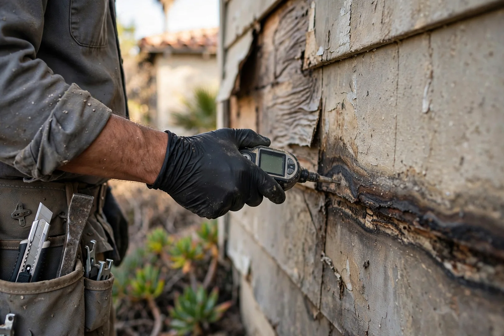 Technician checking moisture levels behind removed siding boards during inspection