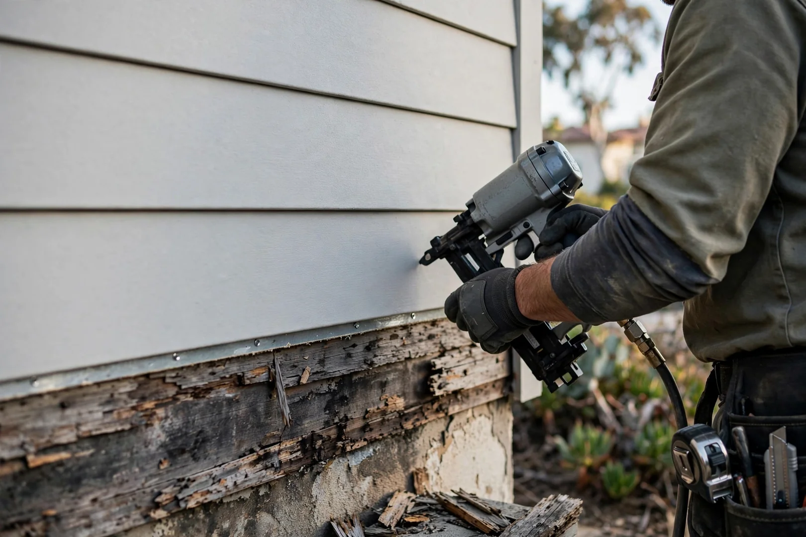 Close-up of freshly installed fiber cement lap siding with consistent exposure lines