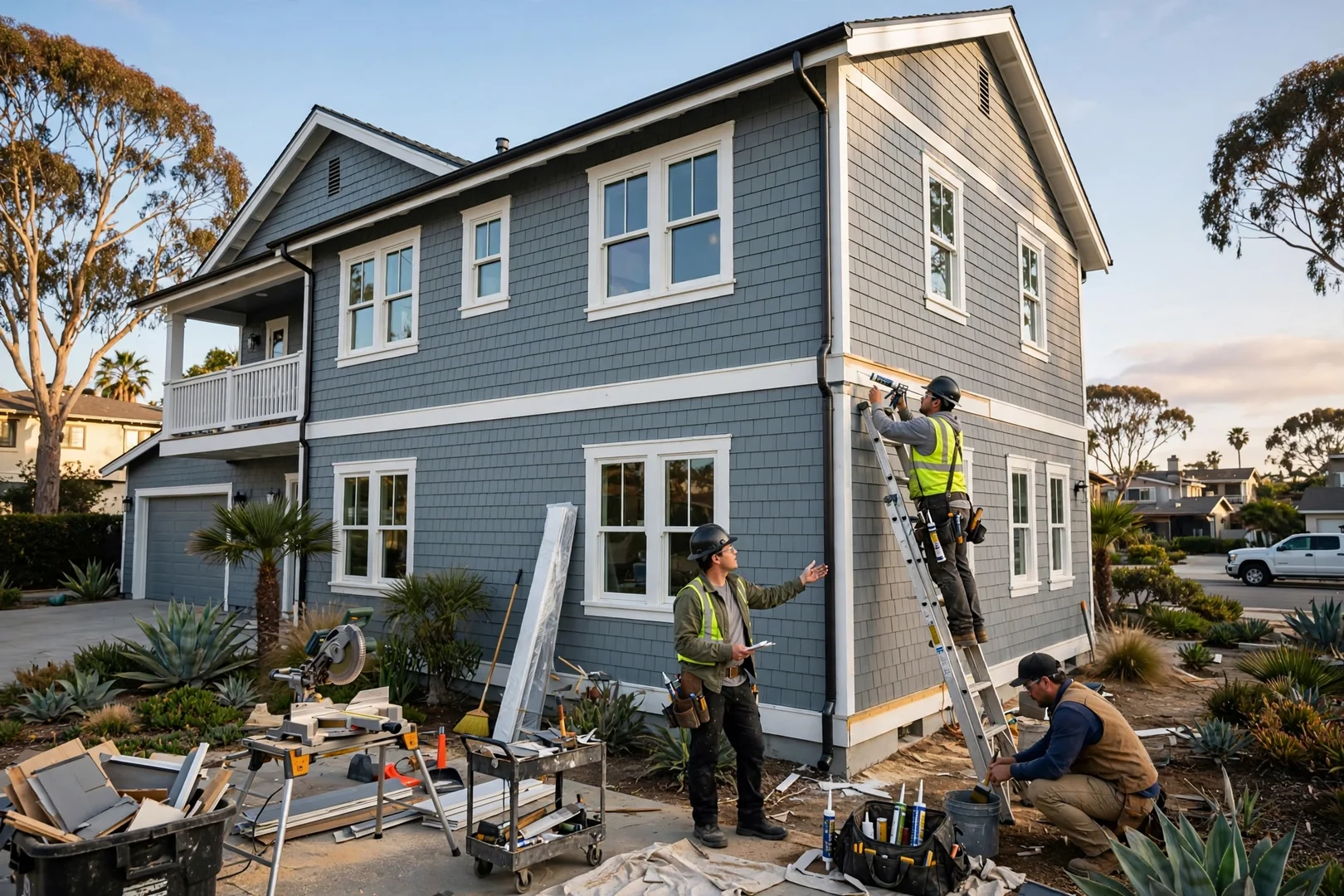 Wide view of a two-story Newport Beach home after full siding replacement and trim work