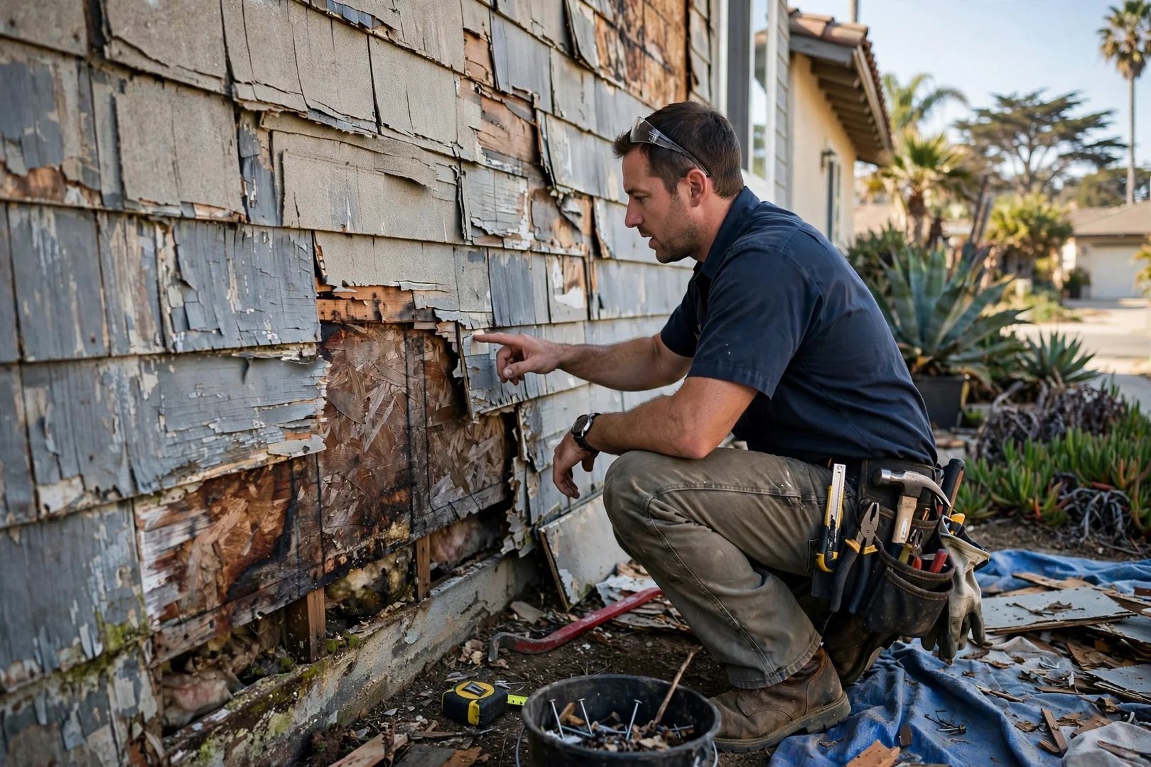 Deteriorated siding panels and exposed sheathing documented before restoration begins