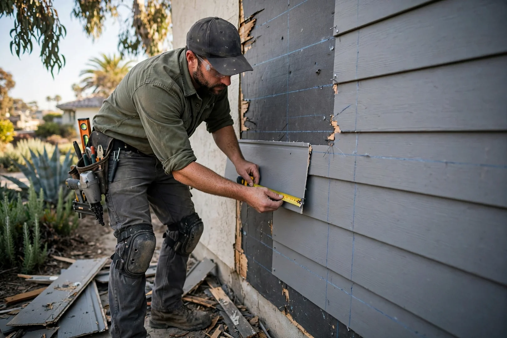 Installer setting a siding panel to manufacturer fastener spacing on a wall section