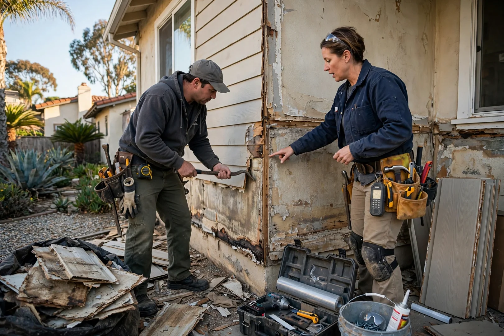 Contractor measuring damaged fiber cement siding boards during a coastal home repair assessment