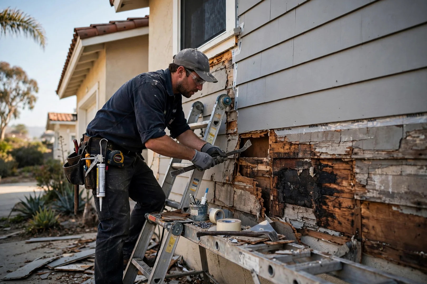 Siding contractor replacing damaged fiber cement boards on a Newport Beach coastal home
