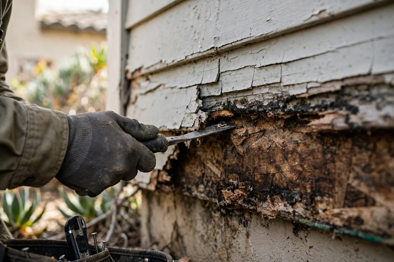 Technician taking moisture readings behind damaged wall cladding