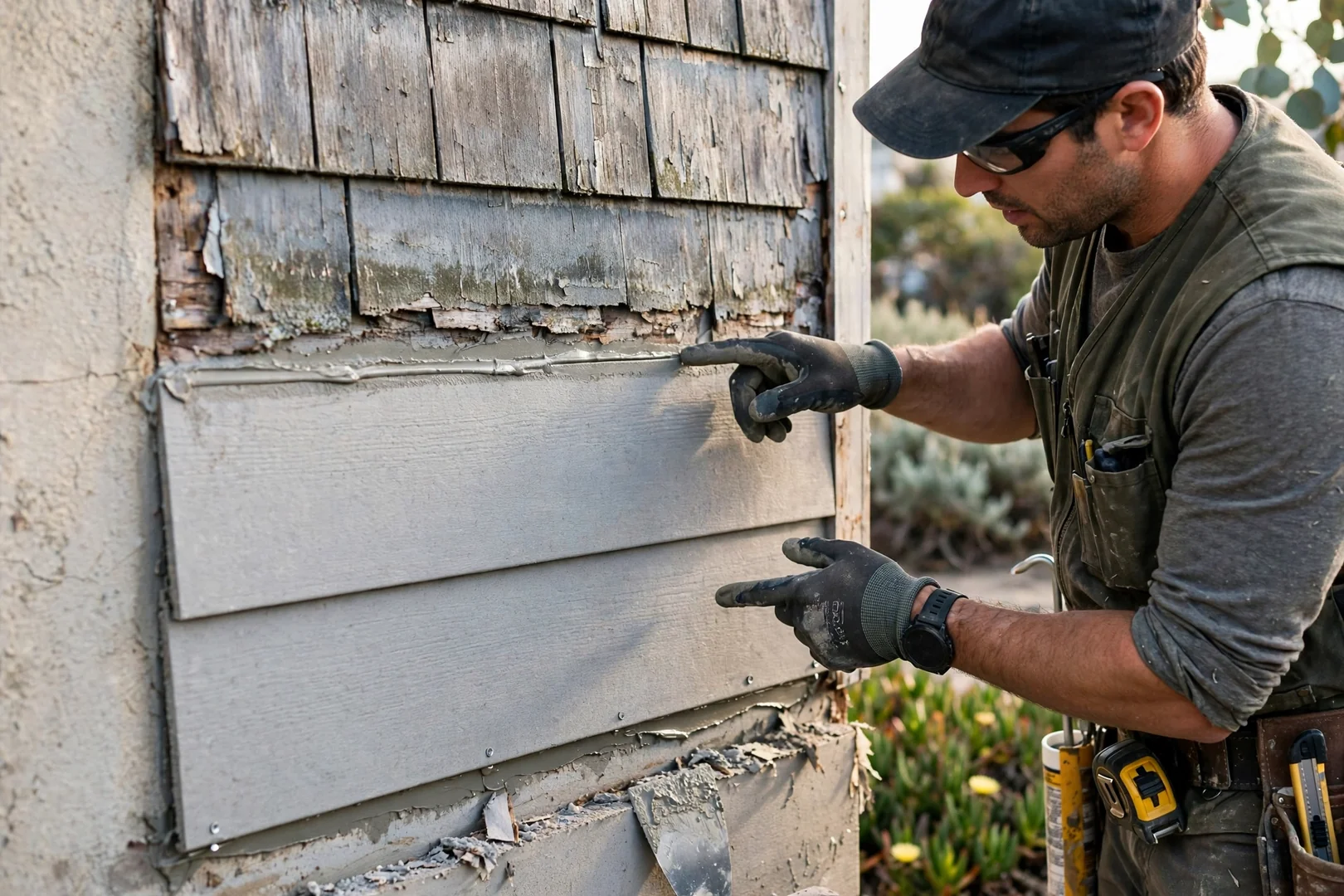 Close-up of replaced fiber cement siding boards blended into an existing coastal wall