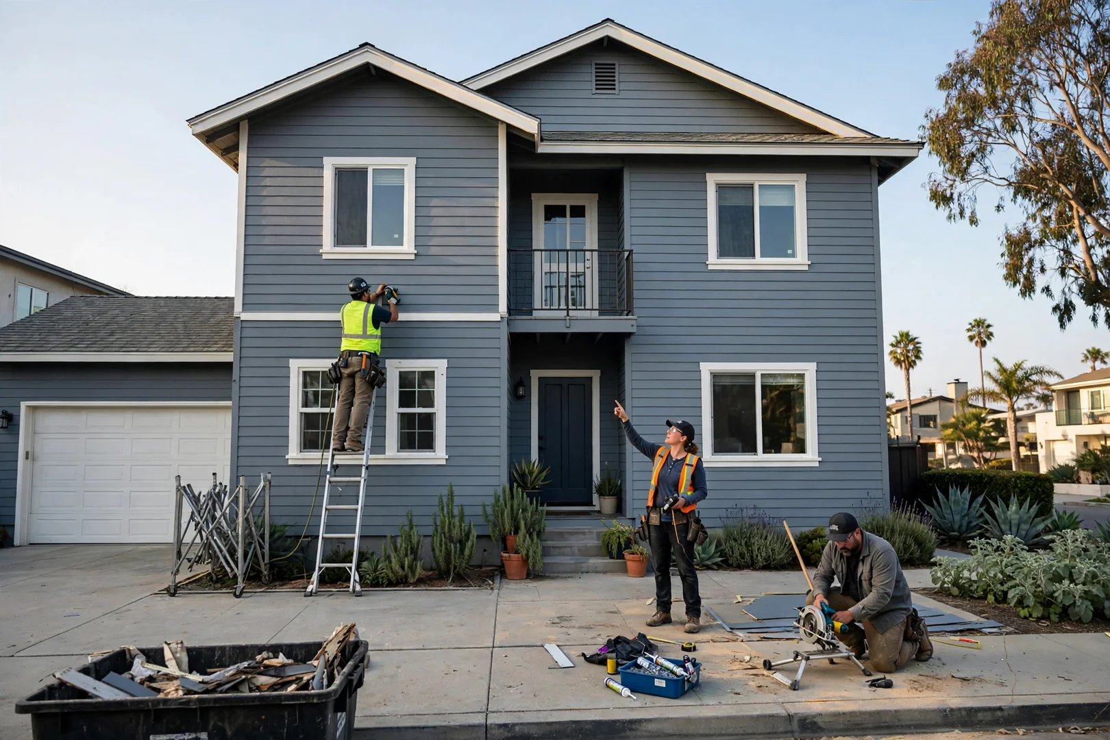 Wide view of a restored two-story home elevation after siding repair in Newport Beach