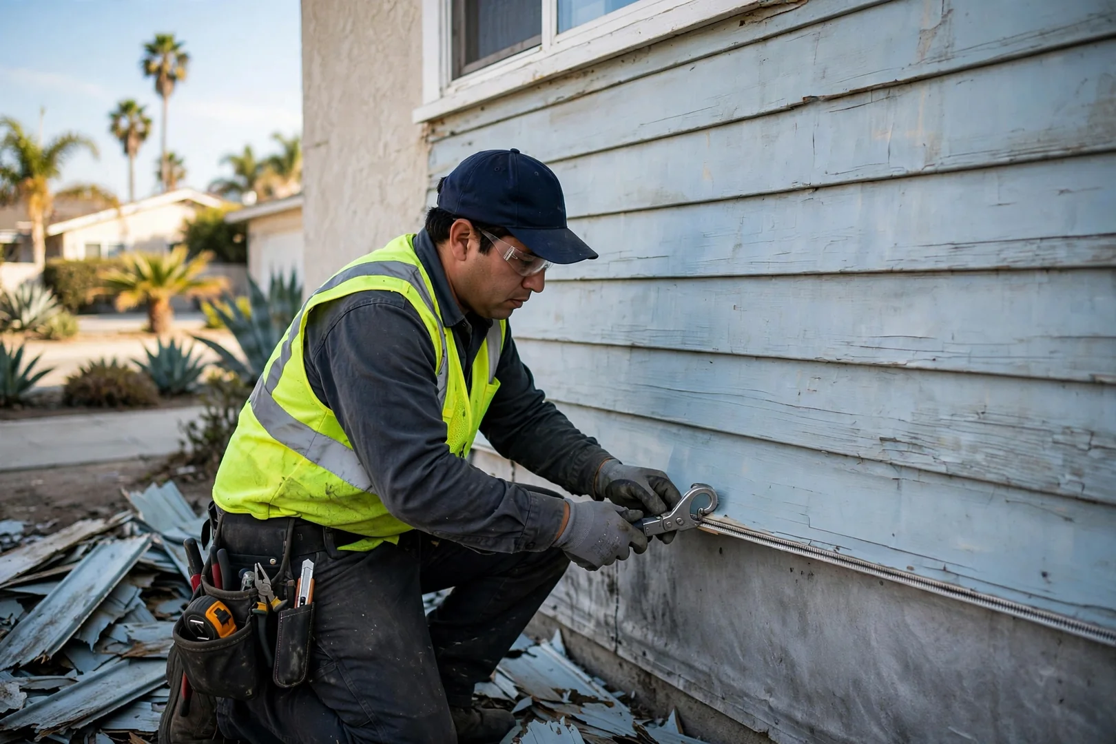 Technician using a zip tool to remove damaged vinyl siding courses on a residence