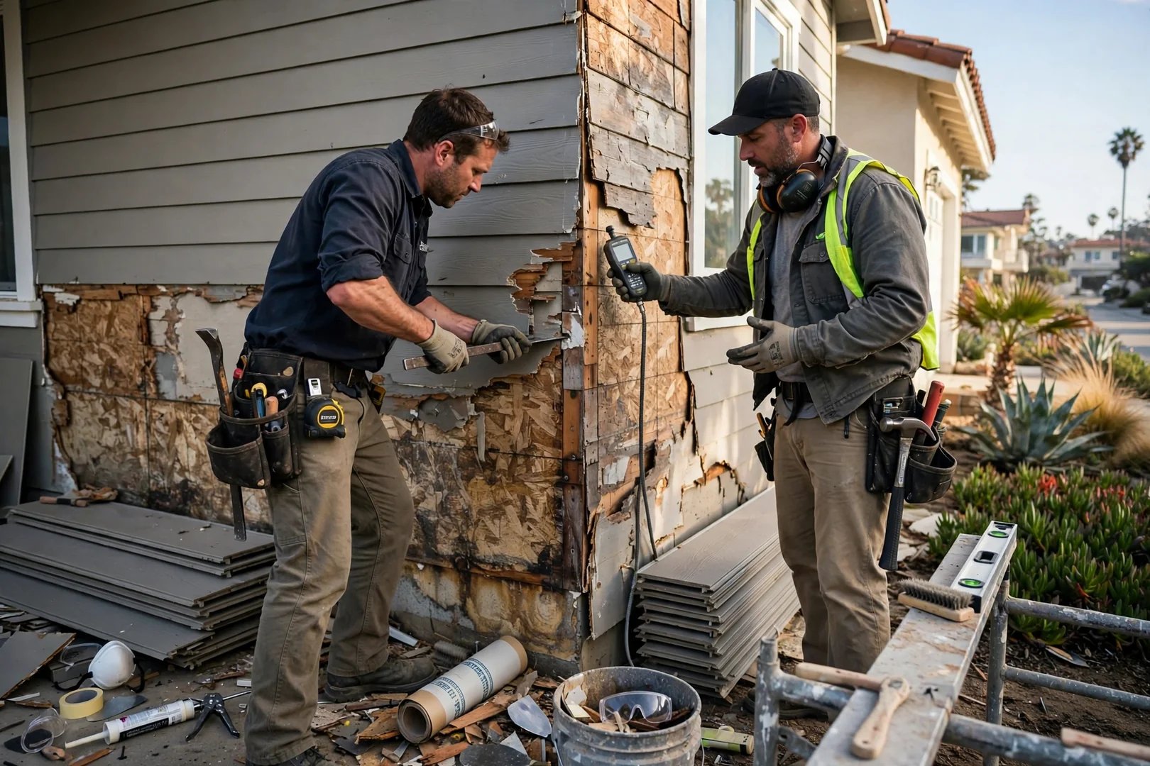 Contractor measuring a wall elevation before vinyl siding installation on a Newport Beach home