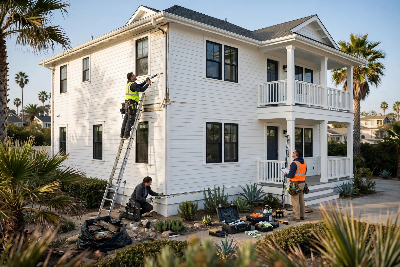 Newly installed white vinyl lap siding on a restored two-story coastal home exterior
