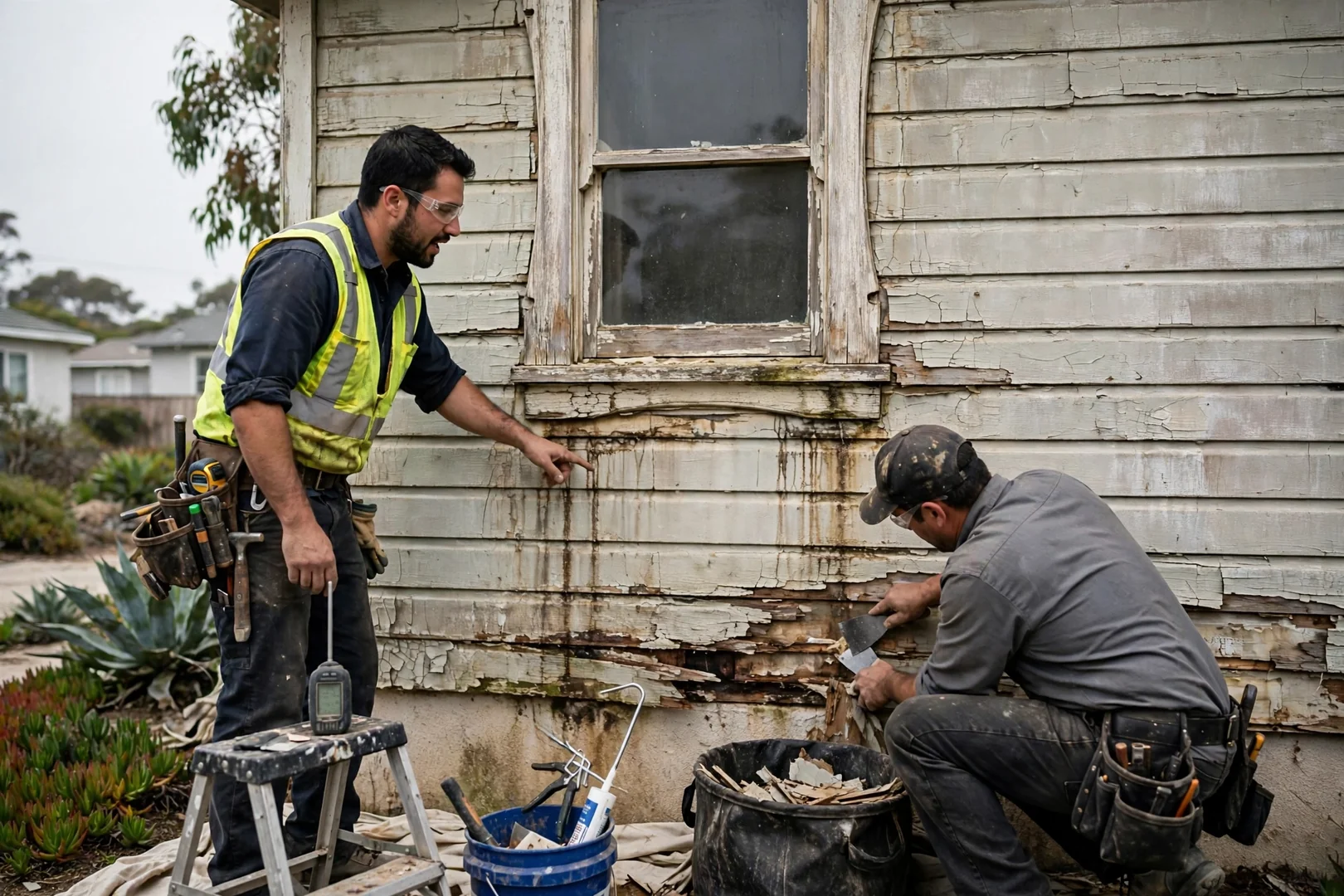 Weathered chalked siding and damaged trim on a bungalow before restoration work