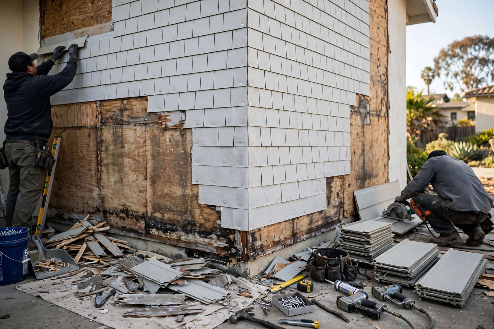 Exposed sheathing and house wrap being repaired during a siding tear-off project